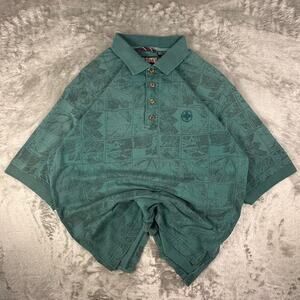 Vintage Jansport Green/Blue AOP Design Polo Shirt Size Large